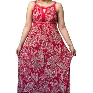 INC Women's Designer Red Floral Paisley Multicolor Sleeveless Halter Maxi Dress